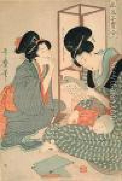 Kobieta Ze Spiacym Dzieckiem I 
Dziewczyna Piszaca Na Abazurze Lampy Poczatkowe Slowa Wiersza Oil Painting - Kitagawa Utamaro