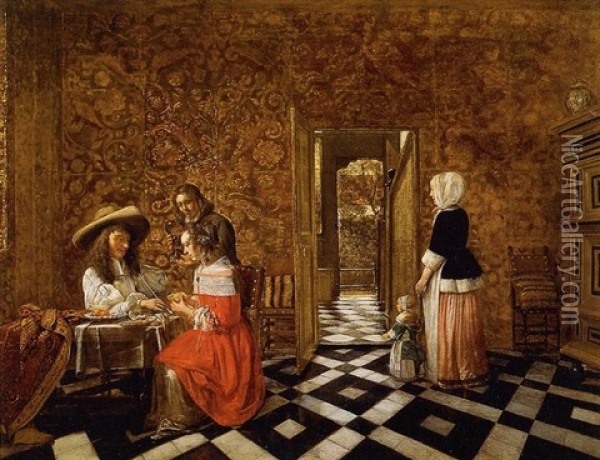 Merry Company At A Table With A Woman And A Child Oil Painting - Hendrick Van Der Burch