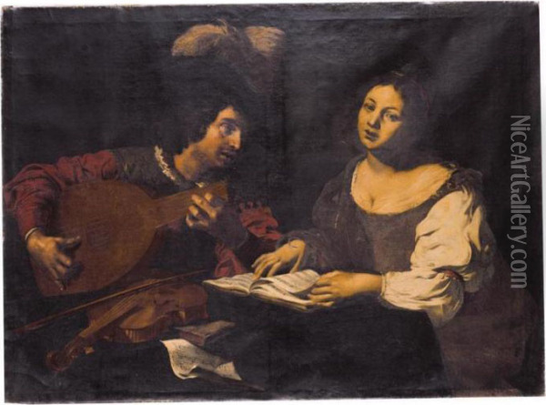 A Musician Playing A Lute To A Singing Girl Oil Painting - Niccolo Renieri (see Regnier, Nicolas)
