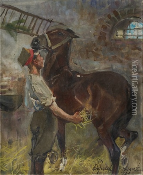 Rider With A Horse Oil Painting - Woiciech (Aldabert) Ritter von Kossak