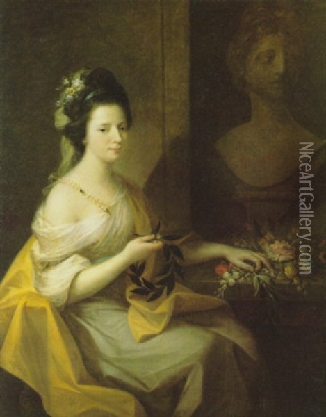 A Portrait (elizabeth Muncaster?) Seated By A Table Strewn With Flowers And Holding A Laurel Wreath Oil Painting - Angelika Kauffmann