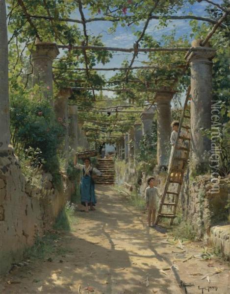 In The Shadow Of An Italian Pergola Oil Painting - Peder Mork Monsted
