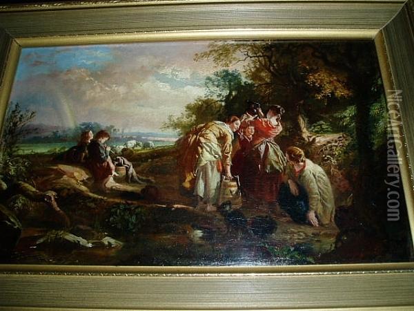 Girls Filling Water Pails In A Woodland Landscape Oil Painting - Frederick Thomas Underhill