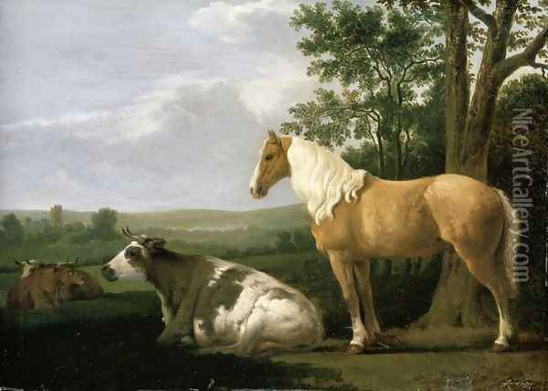 A Horse And Cows In A Landscape Oil Painting - Abraham Van Calraet