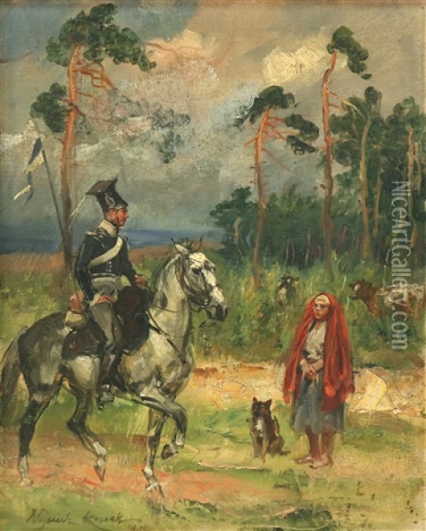 Officer Talking With A Young Girl And Her Dog Oil Painting - Woiciech (Aldabert) Ritter von Kossak
