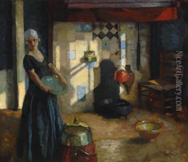 Woman In A Kitchen Interior Oil Painting - Otto John Herschel
