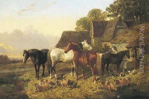 Horses And Pigs By Trough 1864 Oil Painting - John Frederick Herring Snr