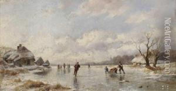 Eisvergnugen In Hollandischer Winterlandschaft. Oil Painting - Remigius Adriannus van Haanen