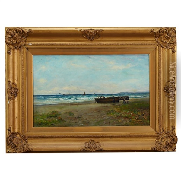 Beach Scene With Figures Tending Fishing Boats Oil Painting - Joseph Henderson
