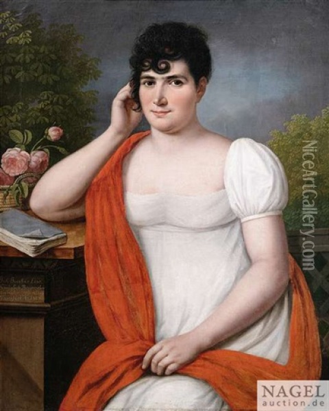 Bildnis Einer Dame Auf Einer Terrasse Sitzend. Neben Ihr Ein Buch Und Blumen In Einem Korbchen Oil Painting - Johann Jacob de Lose