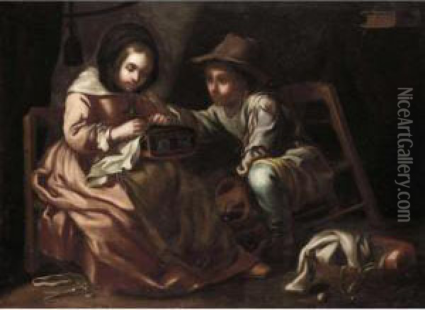 An Interior With A Young 
Seamstress Together With A Young Boy Carrying A Brazier, Possibly An 
Allegory Of Winter Oil Painting - Bernhard Keil