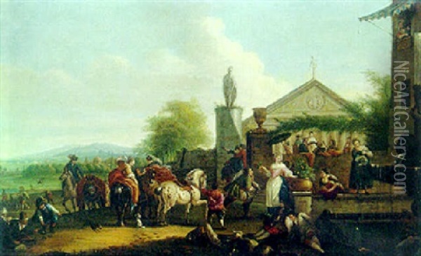 A Hunting Party Halting By A Fountain Outside A Villa Oil Painting - Carel van Falens