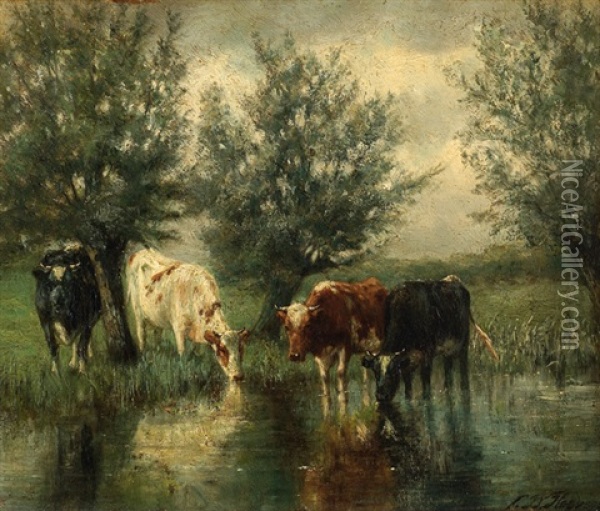 Cows By A Lake Oil Painting - Cornelis Willem Hoevenaar the Younger