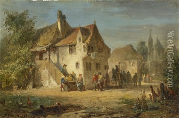 In Front Of The Village Oil Painting - Louis (Ludwig) von Hagn