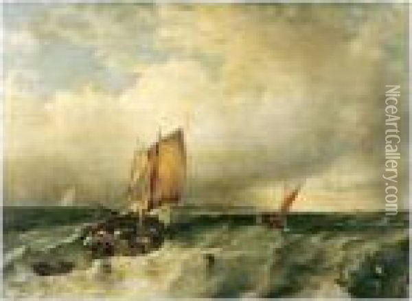 Dutch Fishing Boats Off The Coast Oil Painting - John Jock Wilson