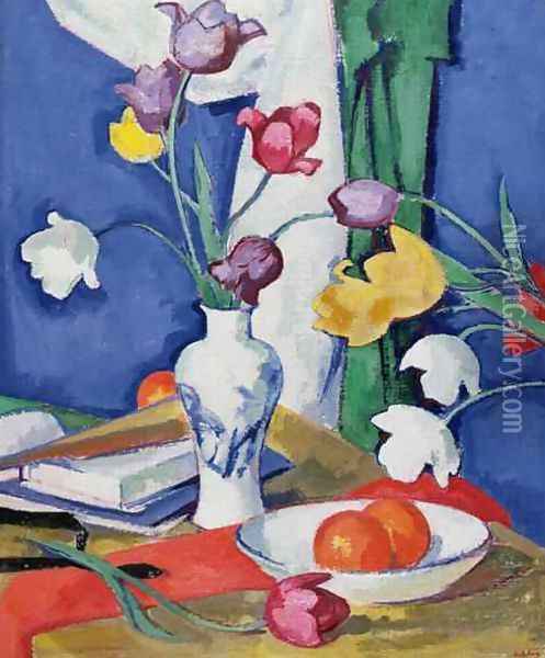 Tulips and Fruit, c.1919 Oil Painting - Samuel John Peploe