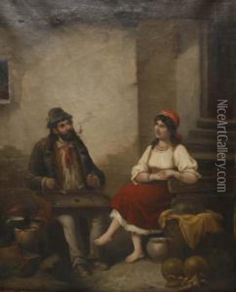 Zither Player And Companion Oil Painting - F. Morelli