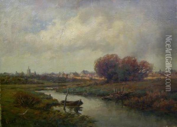 Landscape With Creek, Village In Distance Oil Painting - Royal Hill Milleson