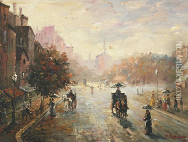 Carriages In The Busy Streets Of Paris Oil Painting - Paul Renard