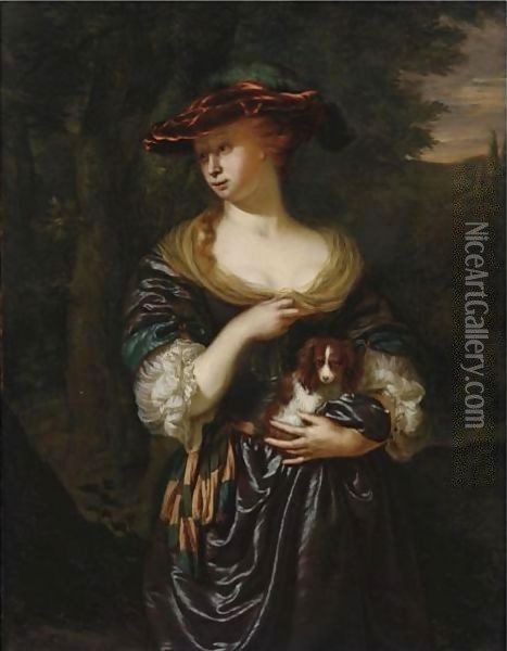 A Woman Holding A Dog In A Landscape Oil Painting - Jan Van Mieris