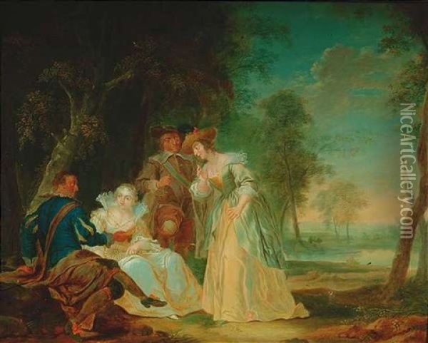 Zwei Vornehme Paare Beim Schaferstundchen Am Einem Waldrand Oil Painting - Johann Georg Platzer