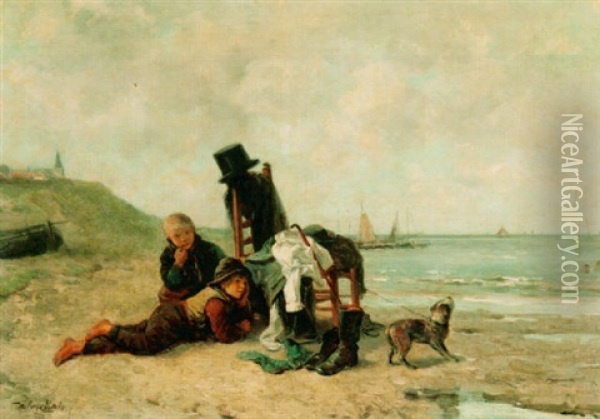 Children On Scheveningen Beach Oil Painting - Mari ten Kate