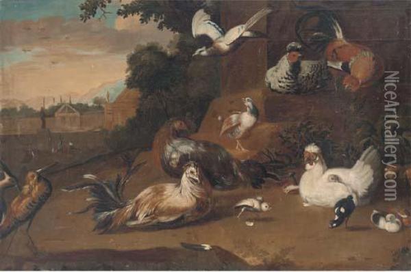 Birds In A Wooded Clearing, A Country House Beyond Oil Painting - Pieter III Casteels
