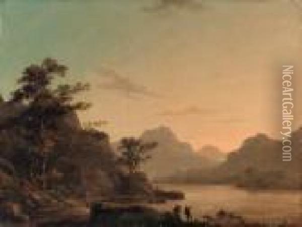 Ullswater From Gowbarrow Park, With A Figure Sketching In Theforeground Oil Painting - Thomas Walmsley
