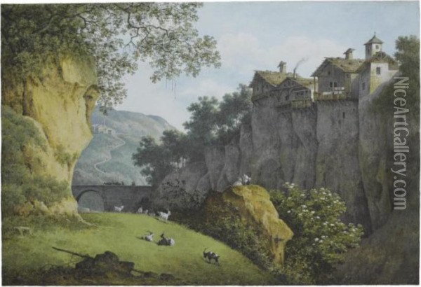 View Of A Ravine In The 
Mountains, Goats In The Foreground, Housesperched On A Cliff To The 
Right Oil Painting - Joseph Augustus Knip