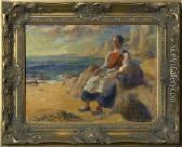 Woman Seated By A Rocky Coastline Oil Painting - Aloysius C. O'Kelly