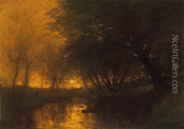 Folyopart Fenyekkel (riverside With Lights) Oil Painting - Laszlo Mednyanszky