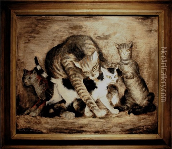 Cat With Kittens Oil Painting - Antonin Prochazka