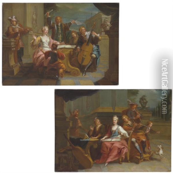 A Musical Company With A Boy And Dog (+ A Musical Company With A Man Playing A Viola Di Gamba; Pair) Oil Painting - Francois Marot