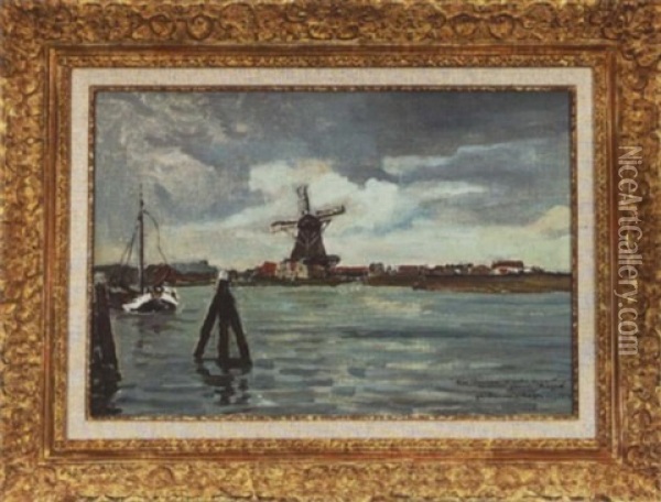 Harbor Scene With Windmill Oil Painting - Guillaume Georges Roger