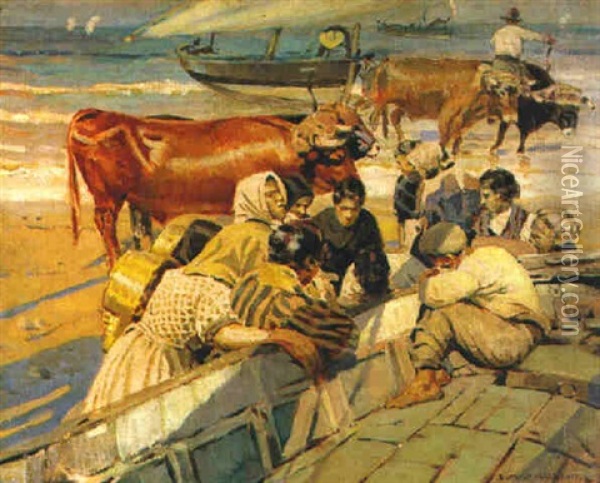 La Llegada De Las Barcas Oil Painting - Enrique Martinez Cubells y Ruiz