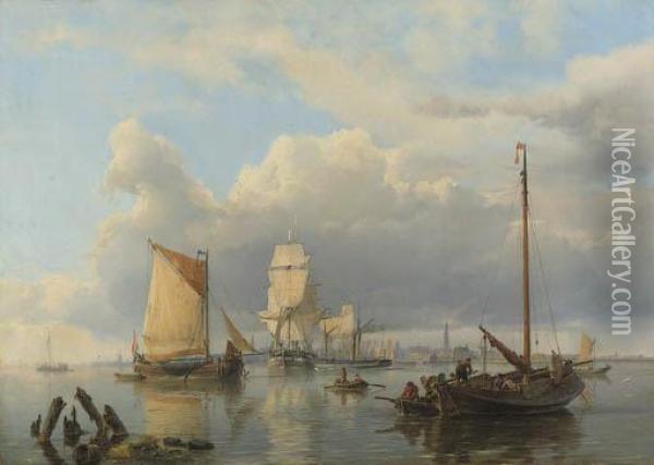 Shipping On The Scheldt With Antwerp In The Background Oil Painting - Hermanus Koekkoek