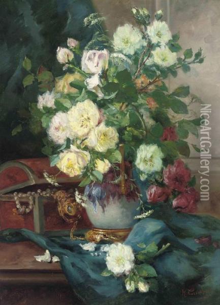 Red Roses, White Roses And Horse
 Parsley In An Ornamental Vase By Achest Of Jewels On A Draped Ledge Oil Painting - Eugene Henri Cauchois