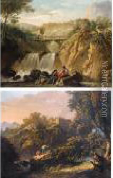 A Mountainous Landscape With A 
Bridge Over A Waterfall And Two Young Men Conversing On A Rock In The 
Foreground Oil Painting - Jean-Baptiste Pillement