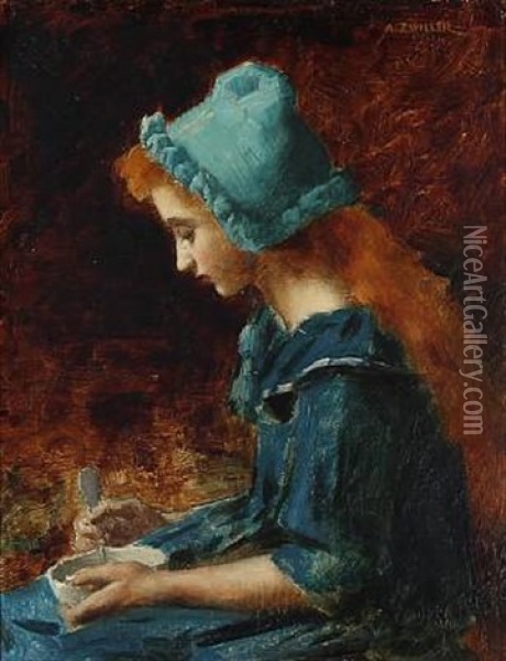A Girls Sits With A Bowl In Her Hand Oil Painting - Marie Augustin Zwiller
