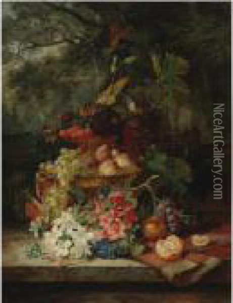 Still Life With Grapes, 
Cherries, Peaches, And Flowers In A Double-tiered Gilt Dish, A Carpet 
And An Orange, All Resting On A Ledge With A Balustrade And A Garden 
Landscape Beyond Oil Painting - Simon Saint-Jean