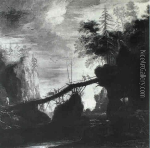 Rocky Wooded River Landscape With Travellers Crossing A Footbridge Oil Painting - Gerard Van Edema