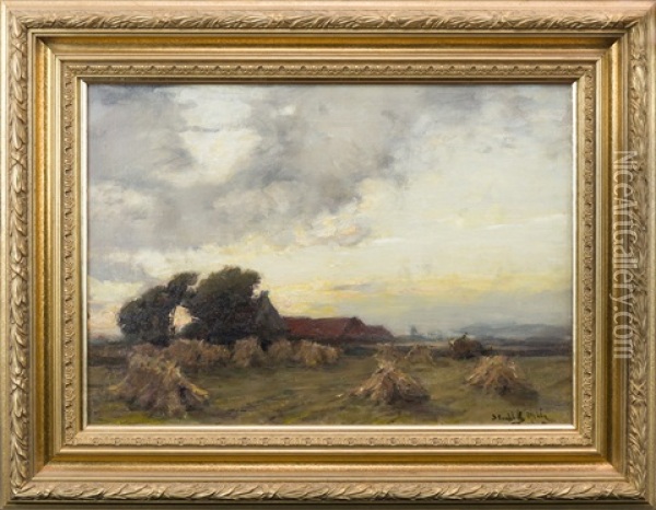 Harvesting In An Evening Landscape Oil Painting - James Campbell Noble