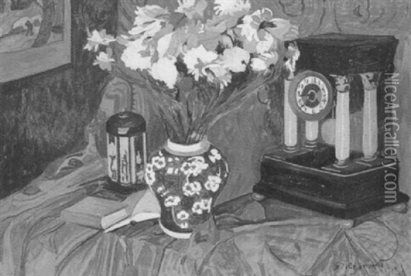 Stilleben Mit Blumen Und Standuhr Oil Painting - Jenoe Szigeti