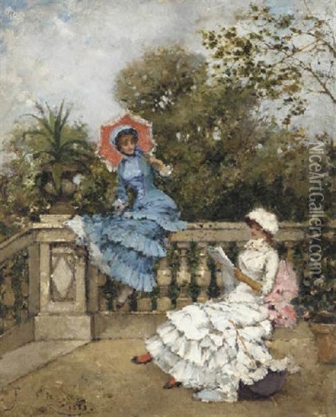Elegant Ladies On A Terrace Oil Painting - Francisco Miralles y Galup