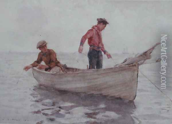 Boys fishing off Newlyn, 1920 Oil Painting - Henry Scott Tuke