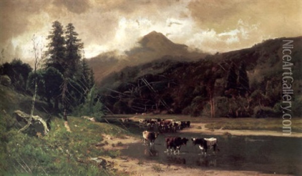 Cows Watering Beneath Tamalpais Oil Painting - William Keith