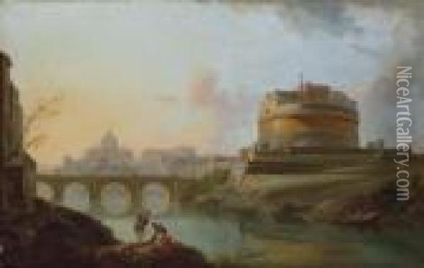 A View Of The Tiber, Rome, With The Castel Sant' Angelo And St. Peter's Beyond Oil Painting - Jean-Baptiste Lallemand
