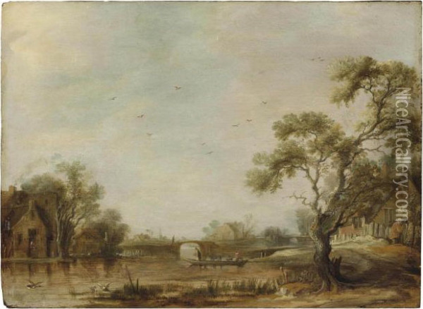 A River Landscape With A 
Village, Figures Crossing In A Ferry By A Bridge, A Church Beyond Oil Painting - Anthony Jansz van der Croos