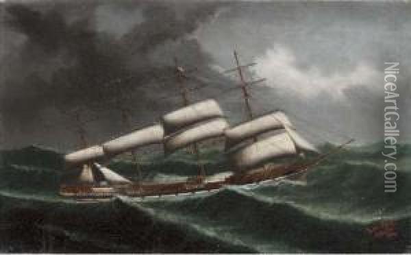 The Four Masted Sailing Ship County Of Peebles In Rough Seas Oil Painting - Lai Fong
