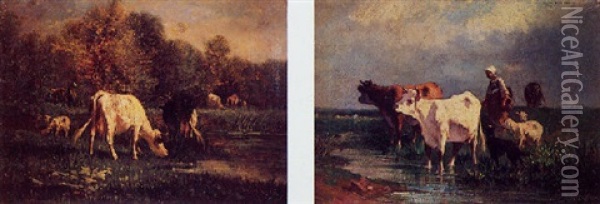 Troupeau De Vaches En Bord D'etang Oil Painting - Andres Cortes y Aguilar